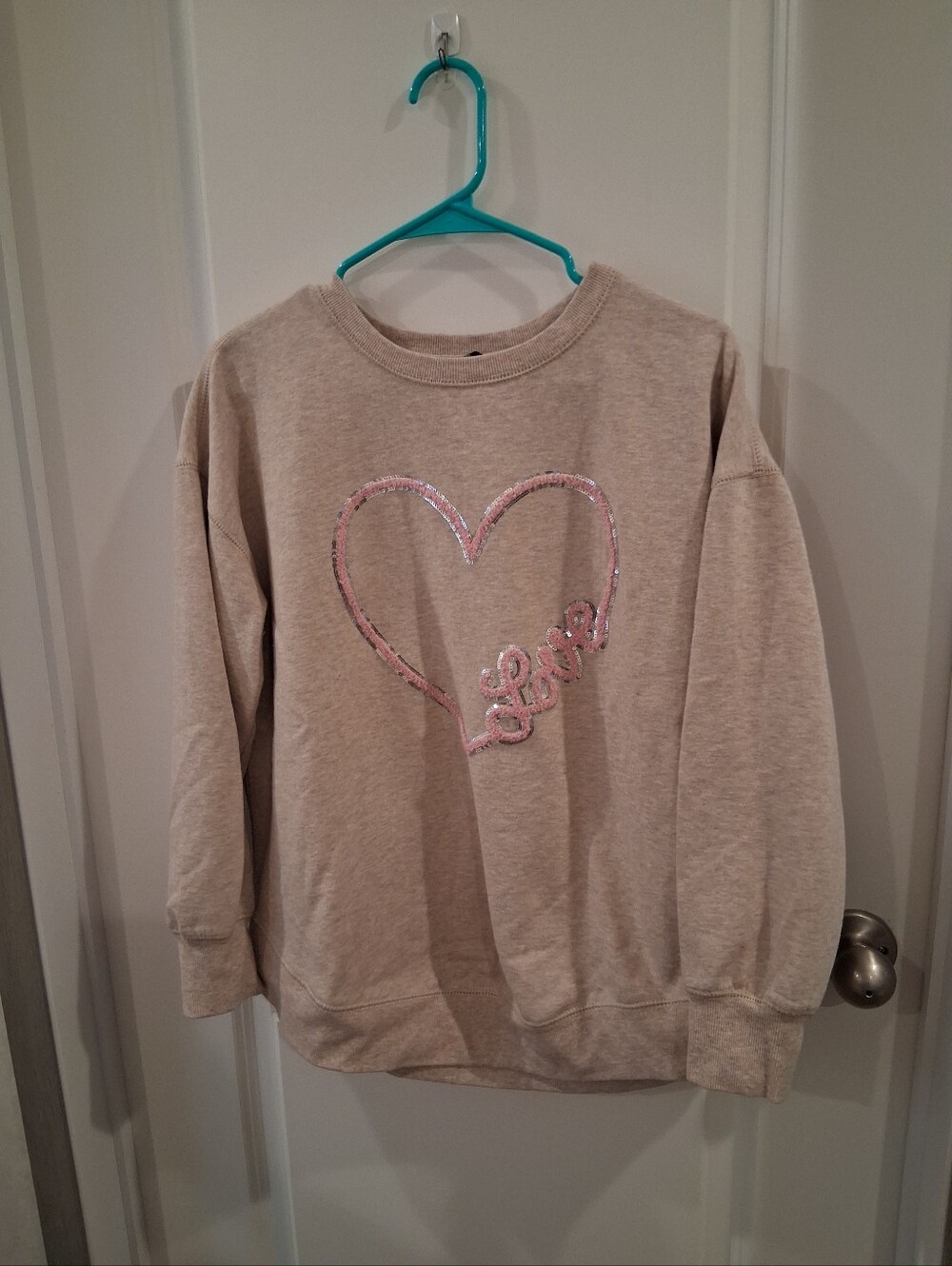 Wild Kiss Beige Crewneck Sweatshirt with Pink Sequin Heart and 'Love' Detail